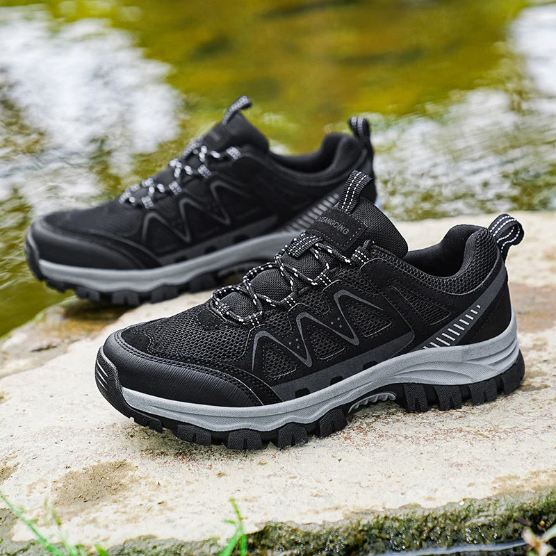 Work athletic shoes – Arch support, wide toe box, breathable, lightweight, non-slip, designed for mountaineering and outdoor activities.
